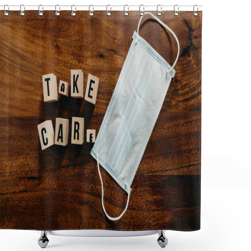 Personality  'Take Care' Text Made Of Wooden With Medical Mask Cube On  Wooden Background. Shower Curtains