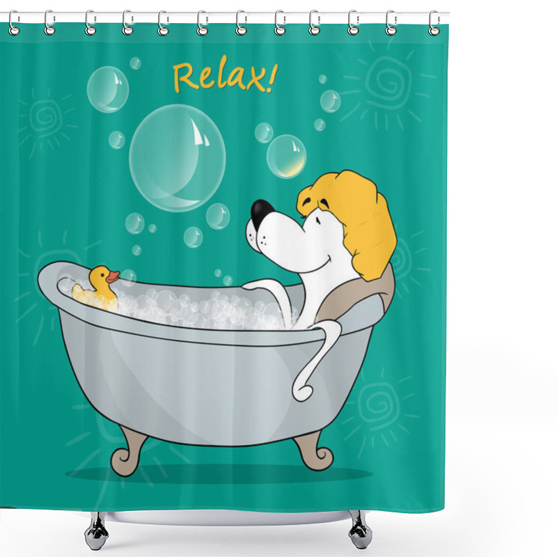 Personality  The Dog Takes A Relaxing Bath. Positive Motivating Card. Vector Illustration Of A Cartoon Dog. Shower Curtains