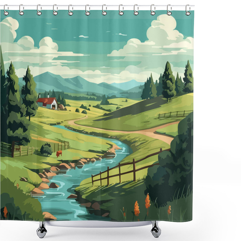 Personality  Rural Landscape. Vector Illustration.  Shower Curtains