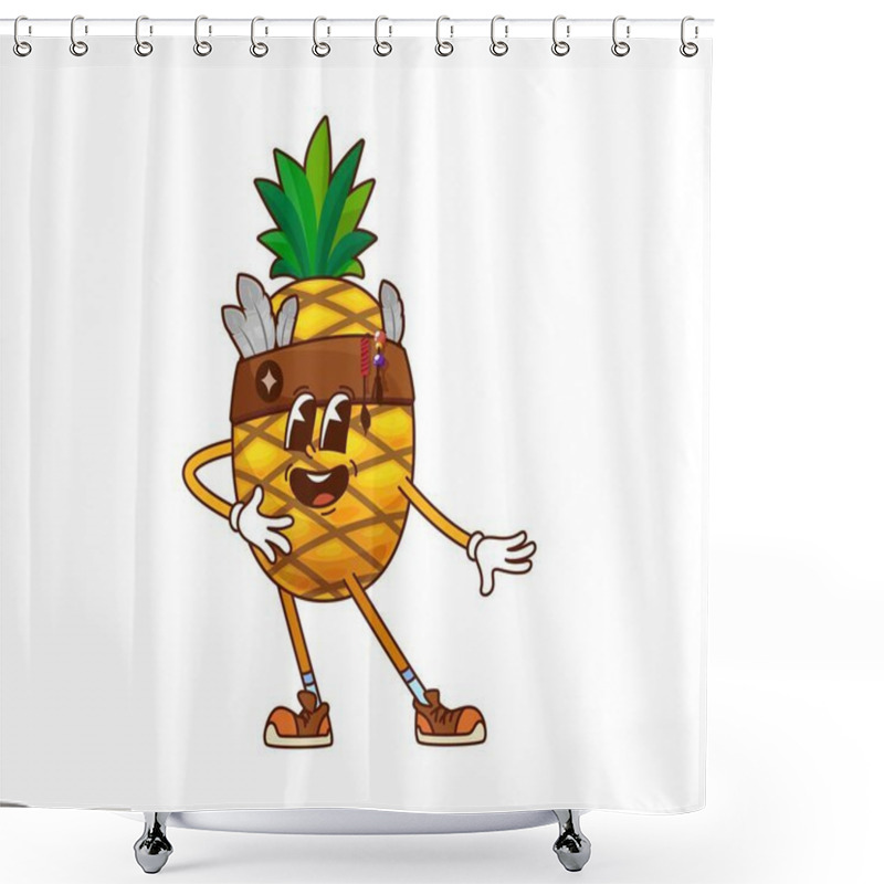 Personality  Cartoon Groovy Pineapple Superhero Fruit Character. Vector Retro Defender Fairytale Personage Wearing Bandana With Feathers And Beads And Hippie Y2k Sneakers. Smiling Fantasy Tropical Vitamin Food Shower Curtains