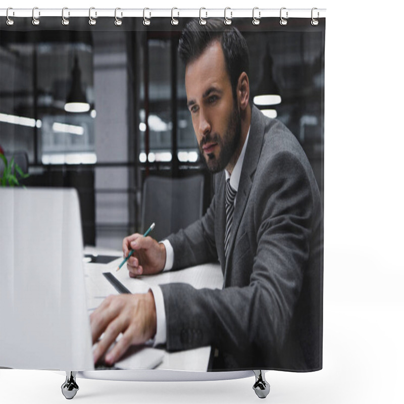 Personality  Male Engineer Working With Blueprints And Laptop In Office  Shower Curtains