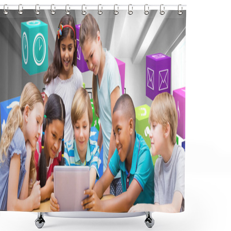 Personality  Cute Pupils Using Digital Tablet Shower Curtains