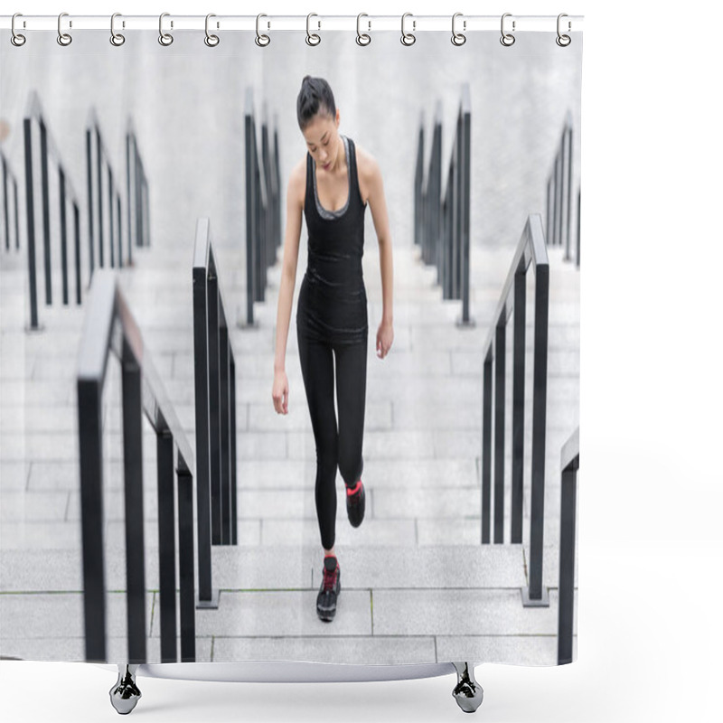 Personality  Sportswoman Training On Stadium Stairs  Shower Curtains