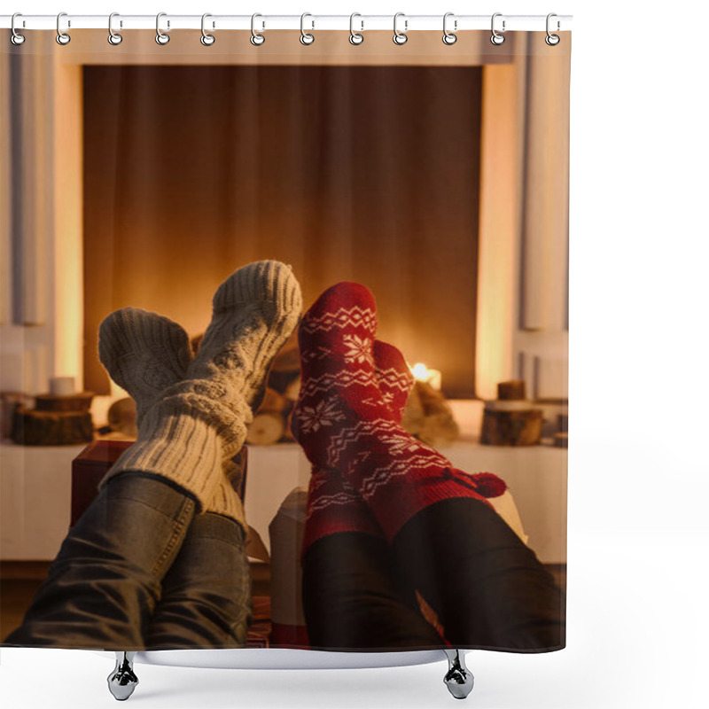 Personality  Cropped View Of Women Wearing Winter Socks With Fireplace On Background Shower Curtains