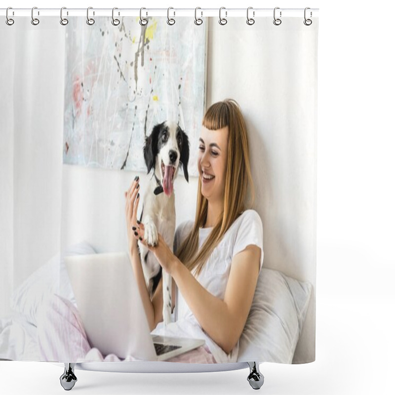 Personality  Portrait Of Happy Woman Playing With Puppy In Morning At Home Shower Curtains