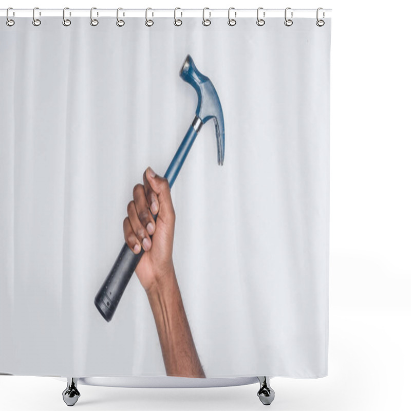 Personality  Cropped Shot Of African American Man Holding Sssss Isolated On White Shower Curtains