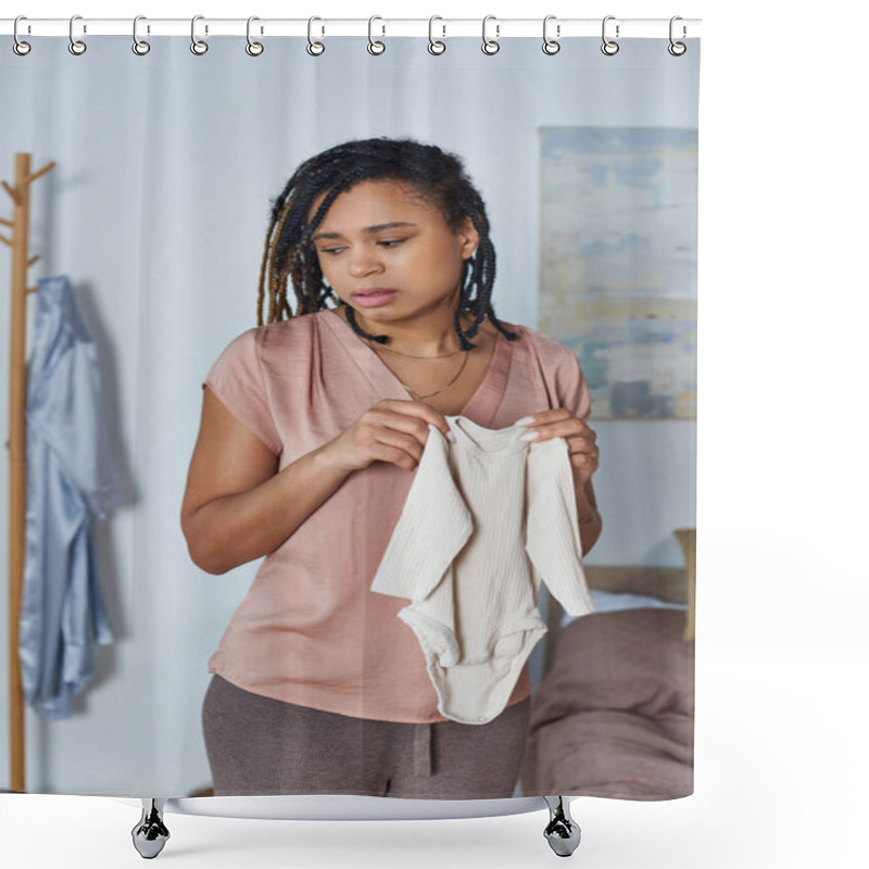 Personality  Worried Future Mother, Pregnant African American Woman Holding Baby Clothes, Emotional, Motherhood Shower Curtains