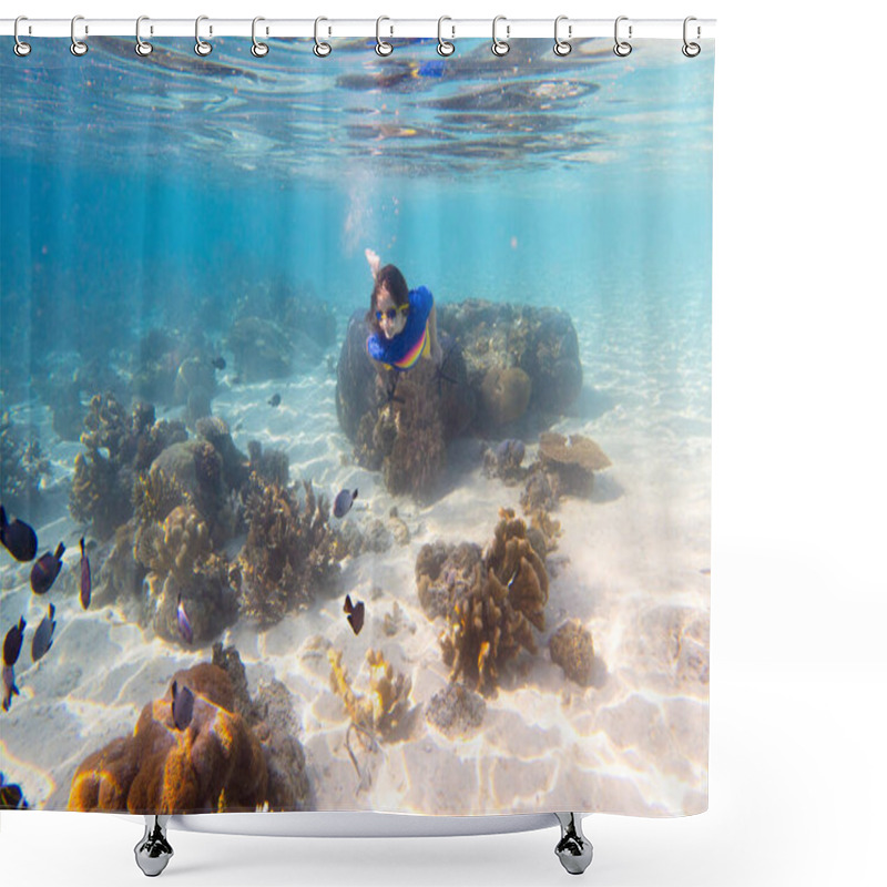 Personality  Child Snorkeling. Kids Swim Underwater. Beach And Sea Summer Vacation With Children. Little Girl Watching Coral Reef Fish. Marine Life On Exotic Island. Kid Swimming And Diving With Snorkel And Mask. Shower Curtains