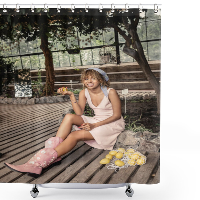 Personality  Positive Young African American Woman In Summer Outfit Holding Fresh Lemon And Sitting Near Mesh Bag And Plants In Indoor Garden, Stylish Lady Enjoying Tropical Atmosphere, Summer Concept Shower Curtains