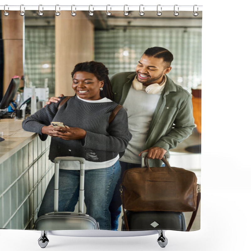 Personality  A Joyful Couple Awaits Their Hotel Check-in, Sharing Smiles And Excitement About Their Upcoming Vacation. Shower Curtains