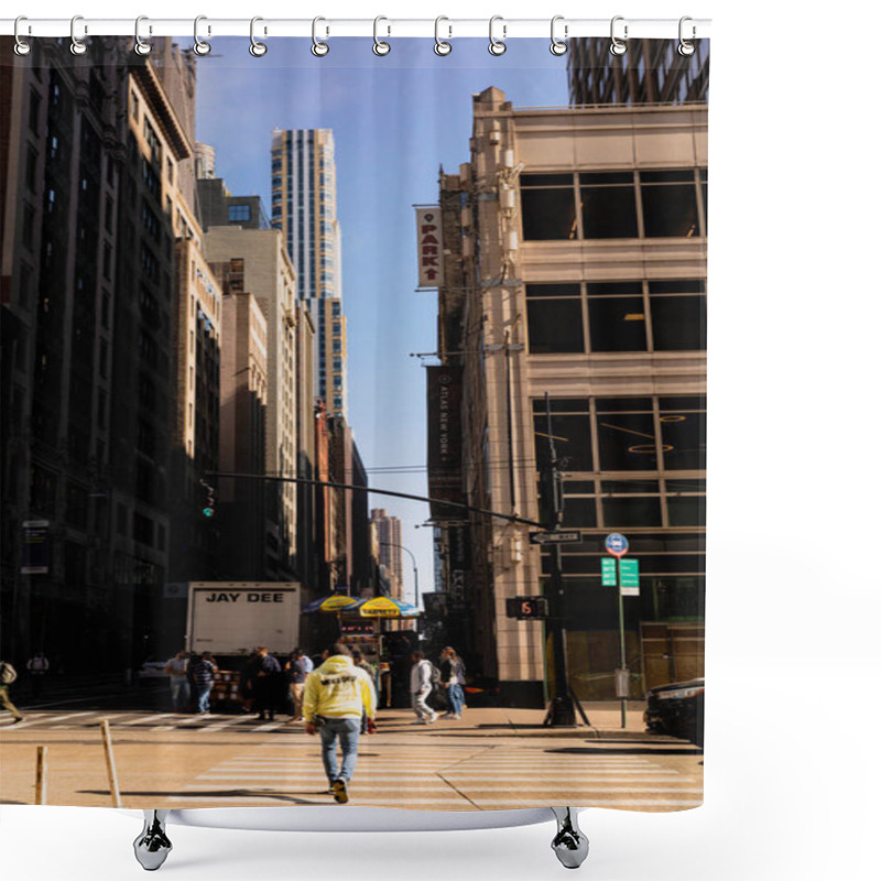 Personality  NEW YORK, USA - OCTOBER 11, 2022: People Walking On Crosswalk Between Buildings On Street  Shower Curtains