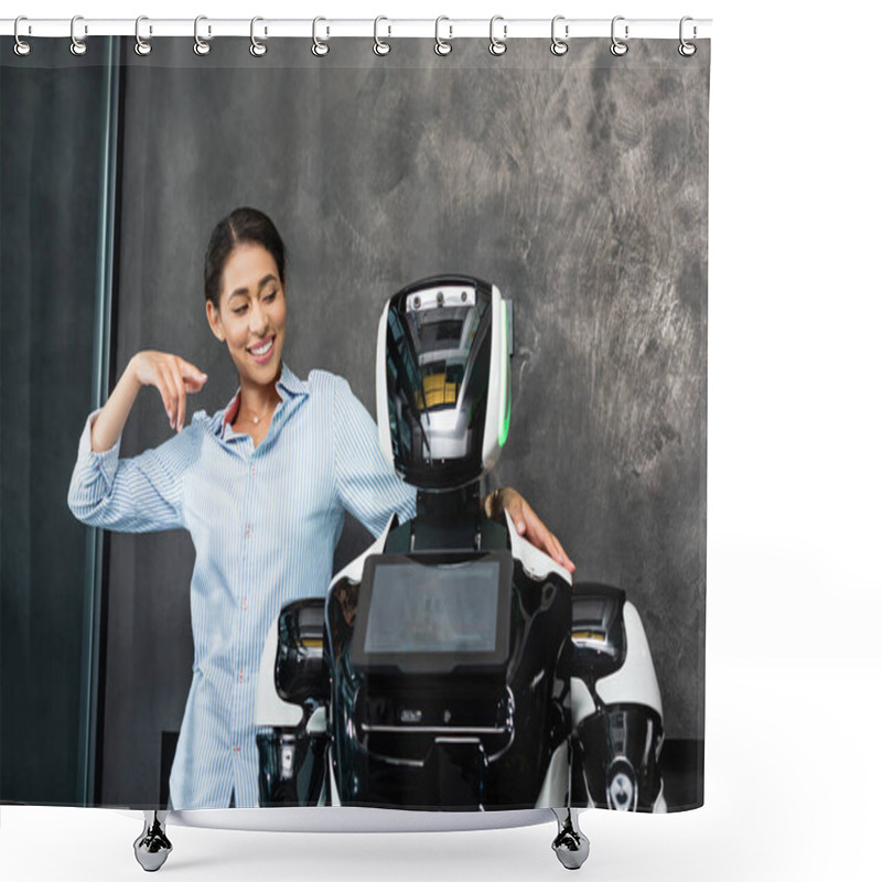 Personality  Joyful African American Businesswoman Pointing At Humanoid Robot In Office Shower Curtains