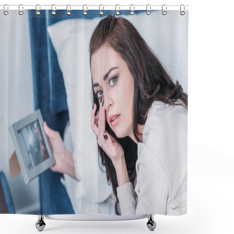 Personality  Beautiful Upset Woman Holding Picture Frame, Crying And Looking At Camera At Home Shower Curtains