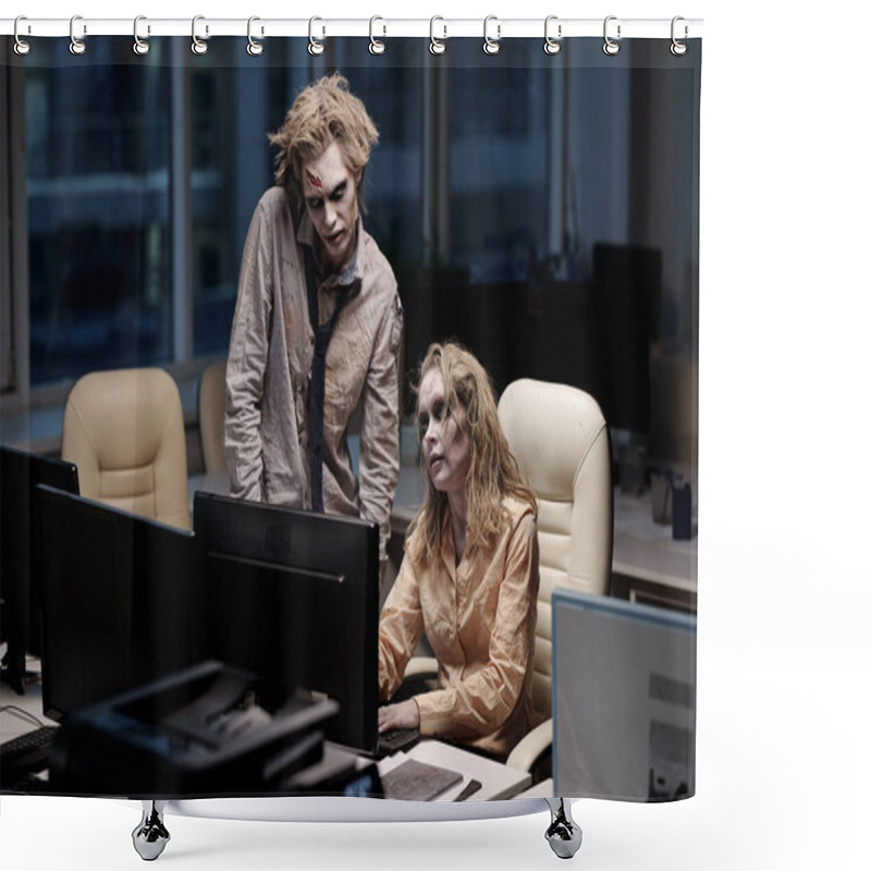 Personality  Young Spooky Zombie Businessman Standing Next To Female Colleague Sitting By Desk In Front Of Computer Monitor During Teamwork Shower Curtains