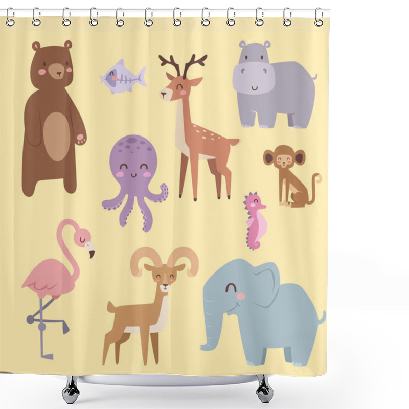 Personality  Cute Zoo Cartoon Animals Isolated Funny Wildlife Learn Cute Language And Tropical Nature Safari Mammal Jungle Tall Characters Vector Illustration. Shower Curtains