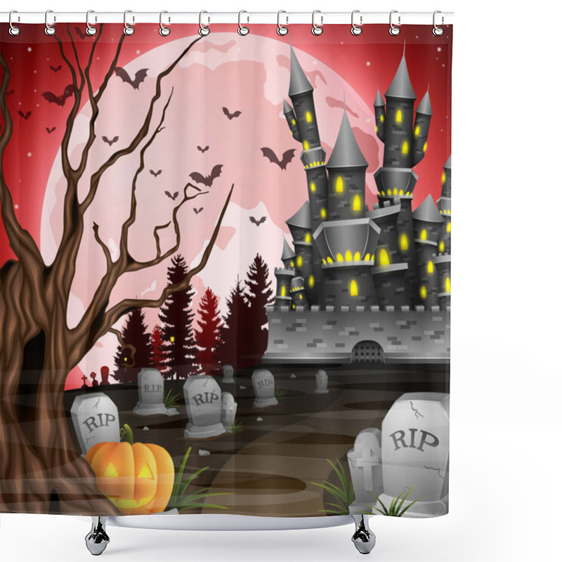 Personality  Halloween Background With Castle And Pumpkin In Graveyard Shower Curtains