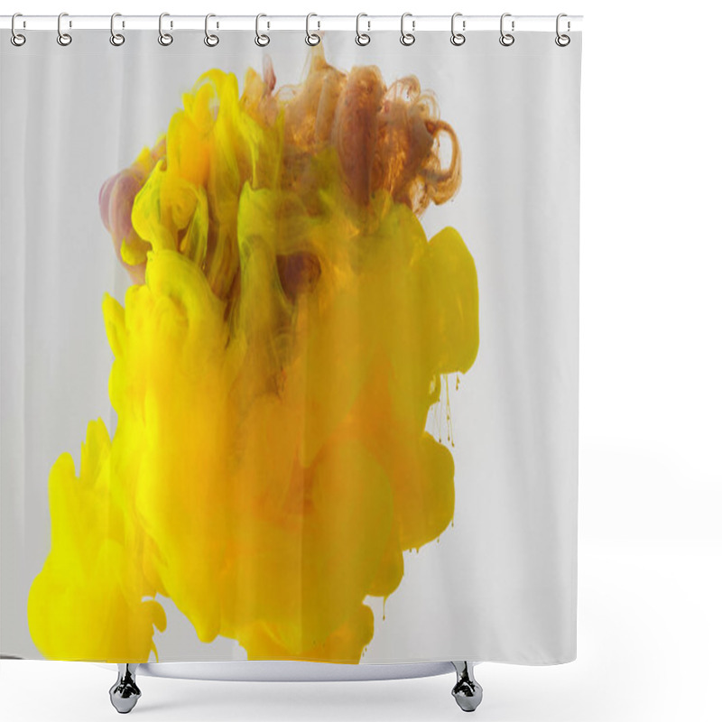 Personality  Close Up View Of Mixing Of Yellow, Purple And Brown Inks  Splashes In Water Isolated On Gray Shower Curtains