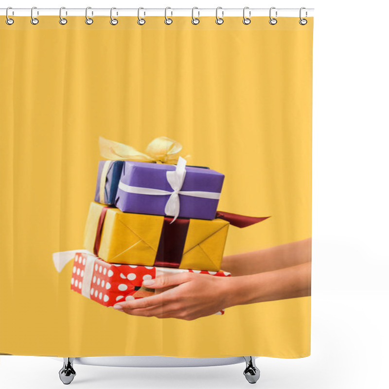 Personality  Cropped View Of Girl Holding Presents In Hands Isolated On Yellow Shower Curtains