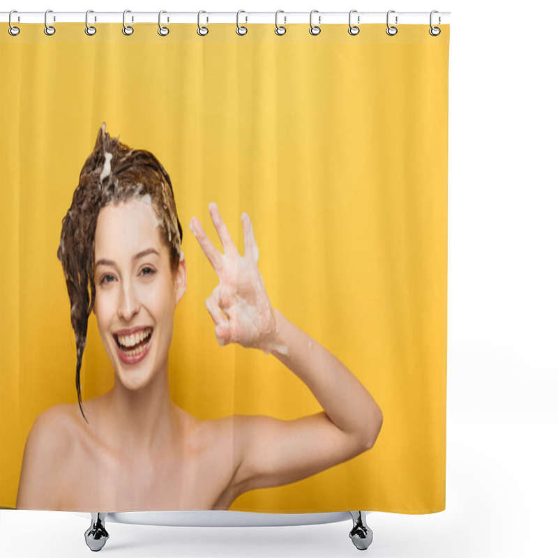 Personality  Happy Girl With Soapy Hair Showing Okay Gesture While Looking At Camera On Yellow Background Shower Curtains