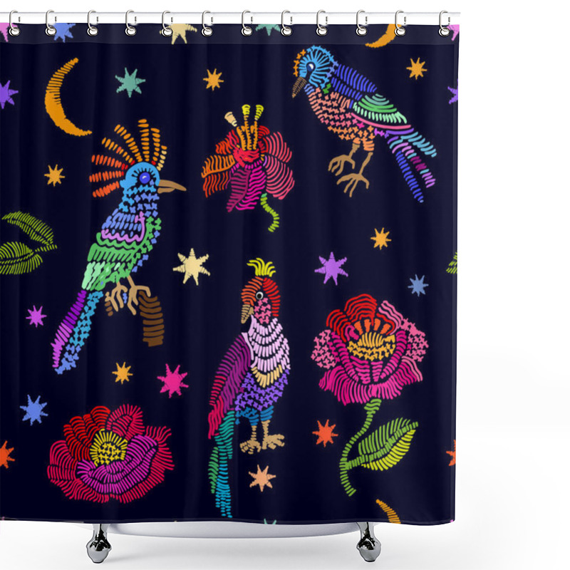 Personality  Fantasy Embroidery. Seamless Vector Pattern With Birds, Flowers, Stars And Moon.  Shower Curtains