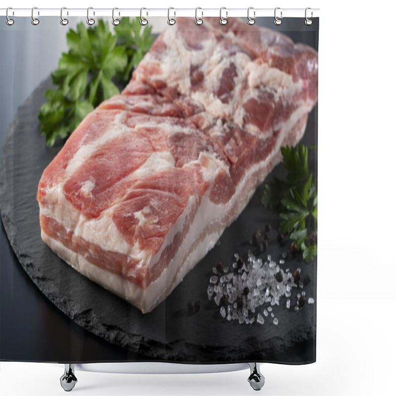 Personality  Pork Belly, Black Pepper, Rock Salt And Italian Parsley On A Black Stone Tray. Shower Curtains