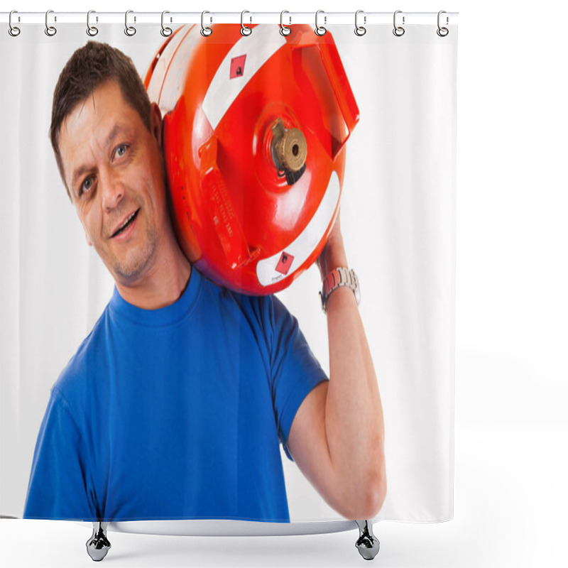 Personality  A Man Wearing A Gas Cylinder On His Shoulder Shower Curtains