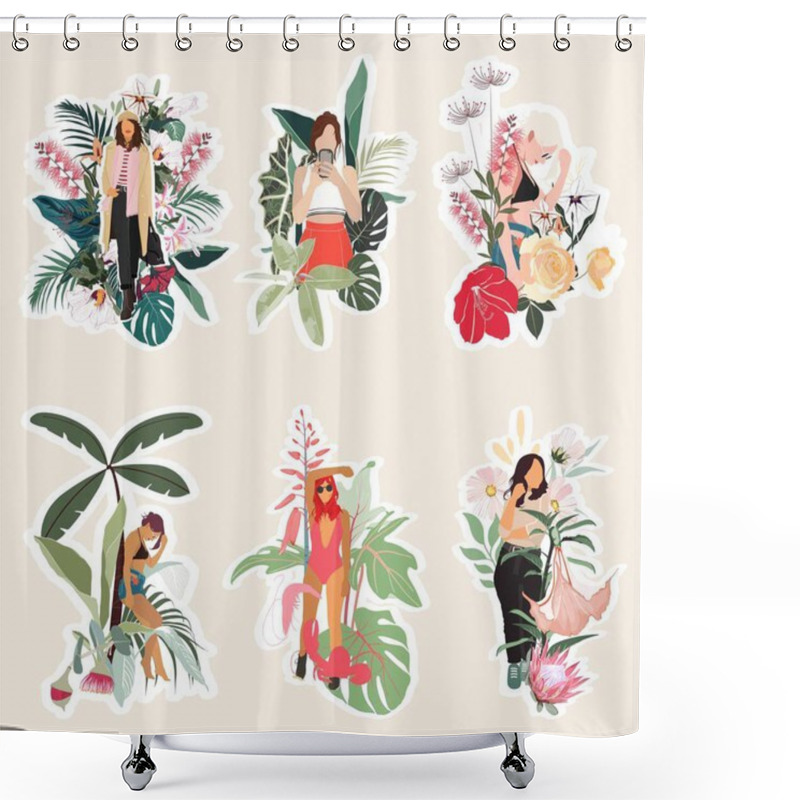 Personality  Set Of Summer Spring Cute Elements. Woman On Swimsuit With Sunglasses, Tropical Leaves, Ice Cream, Palm Tree, Donut Etc. Illustration For Postcard, Poster, Sticker, Packiging, Fabric Etc . Shower Curtains