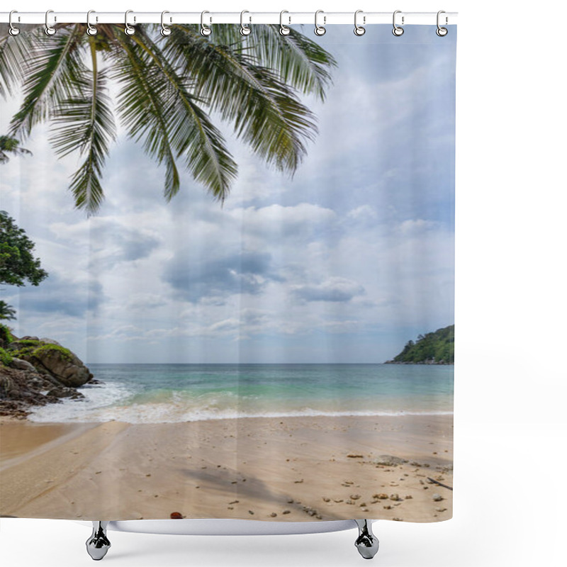 Personality  Summer Background Of Coconut Palm Trees On White Sandy Beach Landscape Nature View Romantic Ocean Bay With Blue Water And Clear Blue Sky Over Sea At Phuket Island Thailand. Shower Curtains