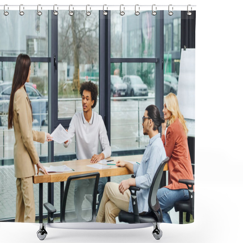 Personality  Group Of Job Seekers Engage In A Productive Meeting Around A Conference Table. Shower Curtains