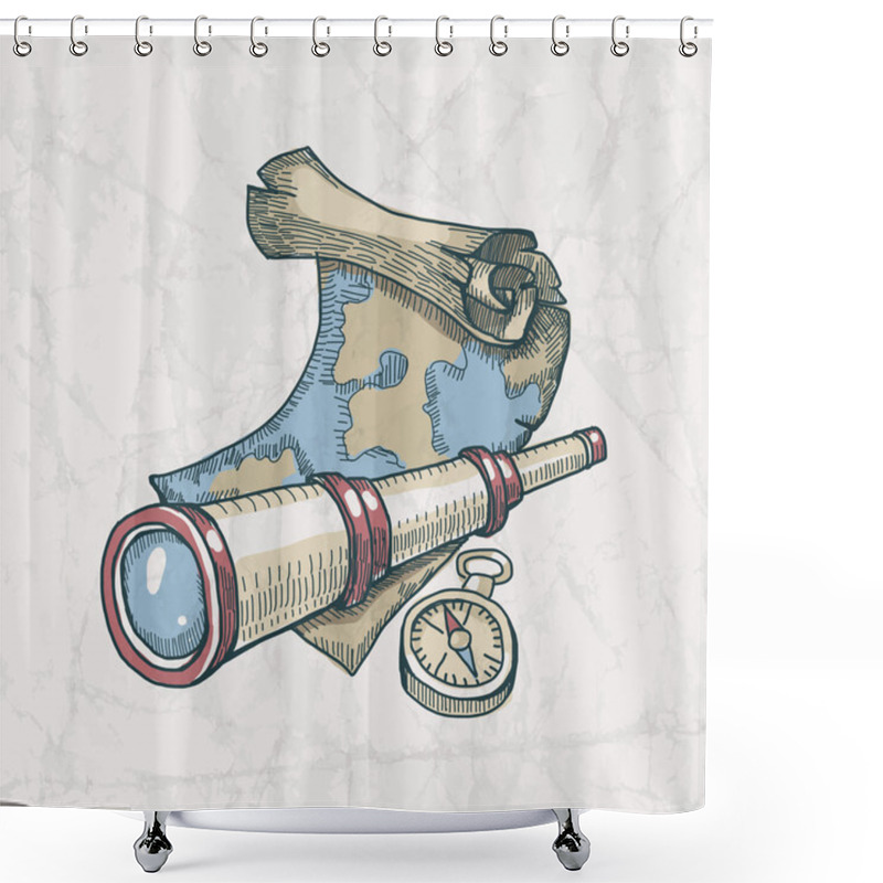 Personality  Vector Illustration Of Spyglass, Map And Compass On The Old Pape Shower Curtains