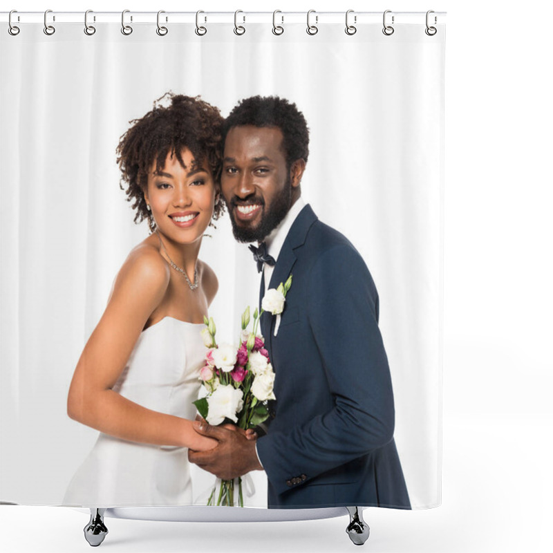 Personality  Happy African American Bride And Bridegroom Holding Bouquet And Looking At Camera Isolated On White  Shower Curtains