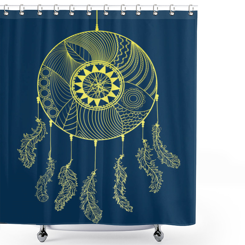 Personality  Hand Drawn Dreamcatcher On Dark Background. Design Zentangle. Abstract Mystic Symbol. Zen Art. Design For Spiritual Relaxation For Adults. Line Art Creation. Doodle For Work Shower Curtains