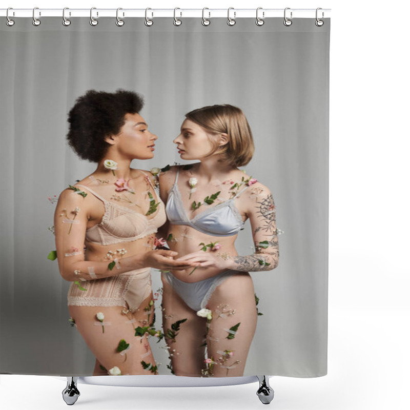 Personality  A Loving Couple Shares A Tender Moment Adorned With Delicate Flowers. Shower Curtains