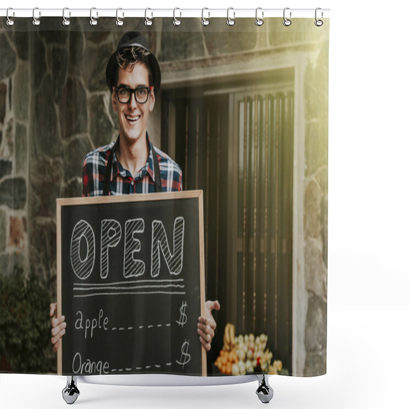 Personality  Smiling Shopkeeper In A Greengrocer Shower Curtains