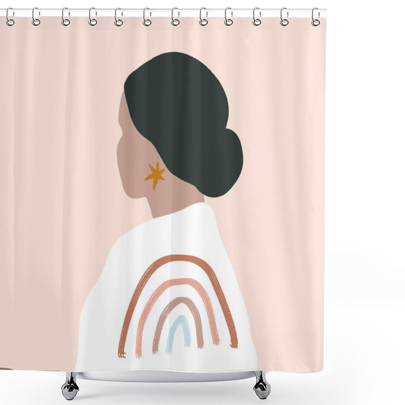 Personality  Modern Boho Pastel Terracotta Collage Line Drawing Mulatto Woman With Earring Face Hairstyle Fashion Beauty Minimalist Vector Illustration Modern Abstract Graphics Print Shower Curtains