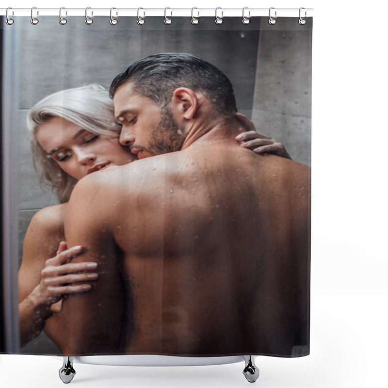 Personality  Young Passionate Couple Hugging And Kissing While Taking Shower Together Shower Curtains