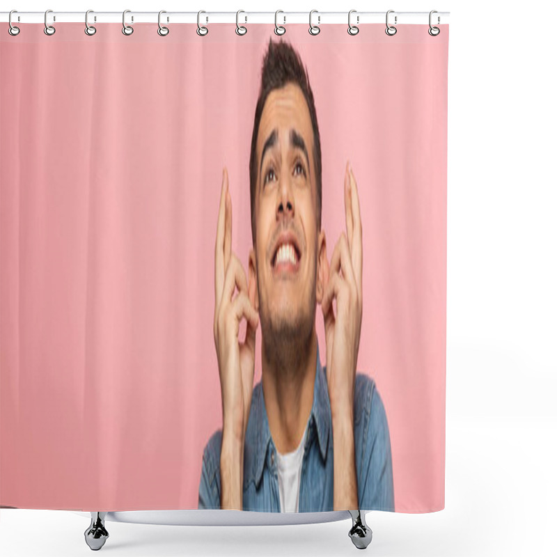 Personality  Panoramic Shot Of Smiling Man With Crossed Fingers Looking Away Isolated On Pink Shower Curtains