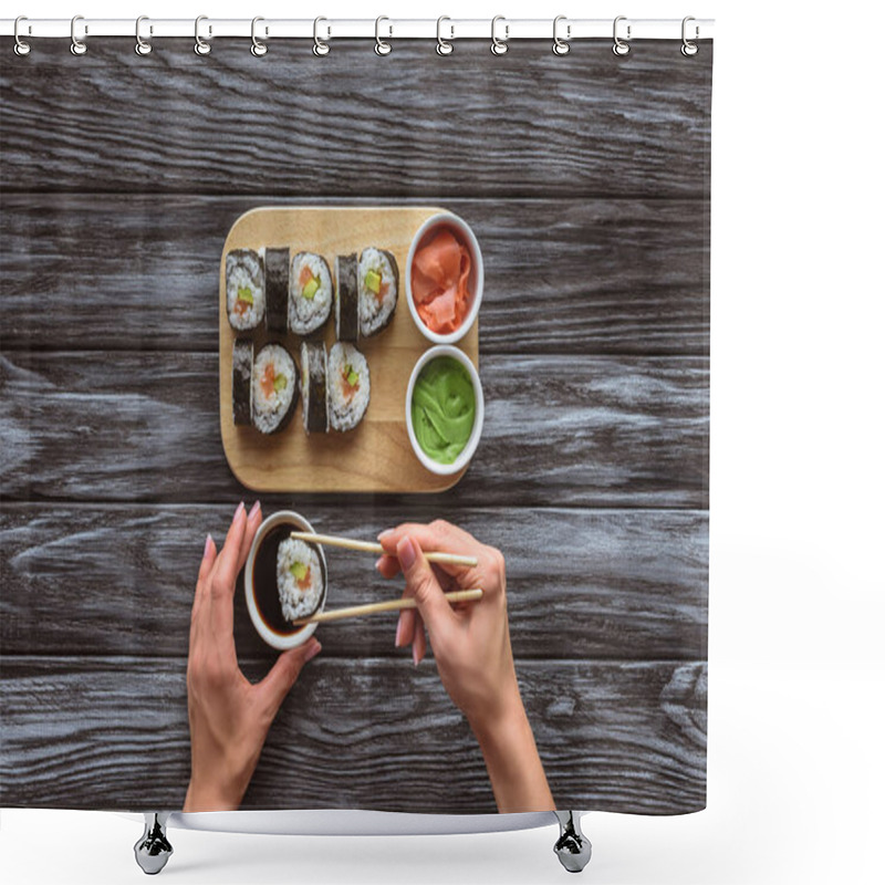 Personality  Partial Top View Of Person Holding Chopsticks And Eating Delicious Sushi Roll  Shower Curtains