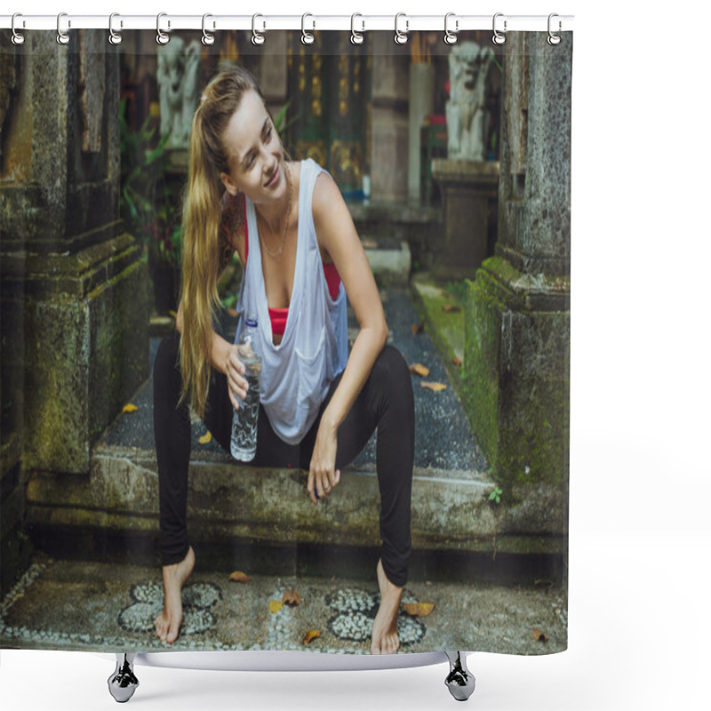 Personality  Portrait Of Young Woman Drinking Water. Stylish Girl Against Nat Shower Curtains