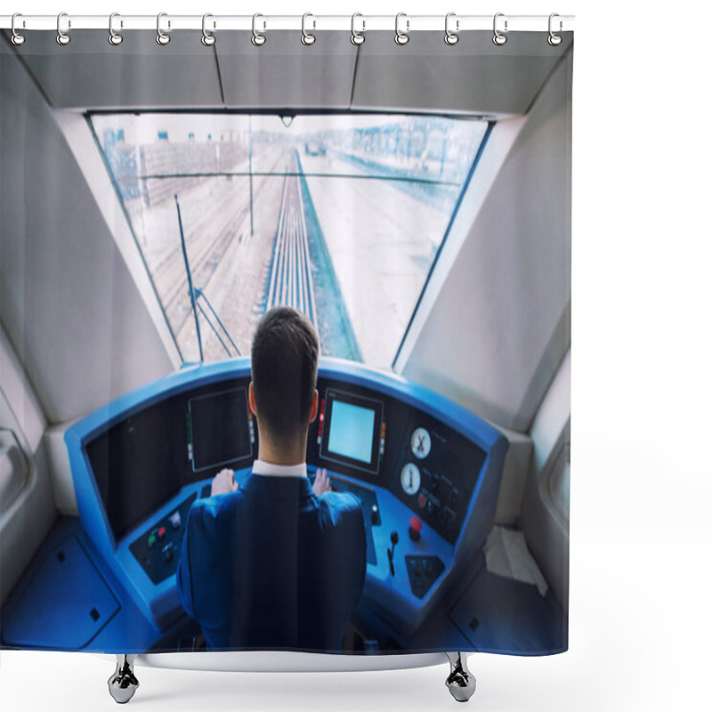 Personality  Shot Of Train Cockpit Interior With Driver Sitting And Driving Train. Shower Curtains