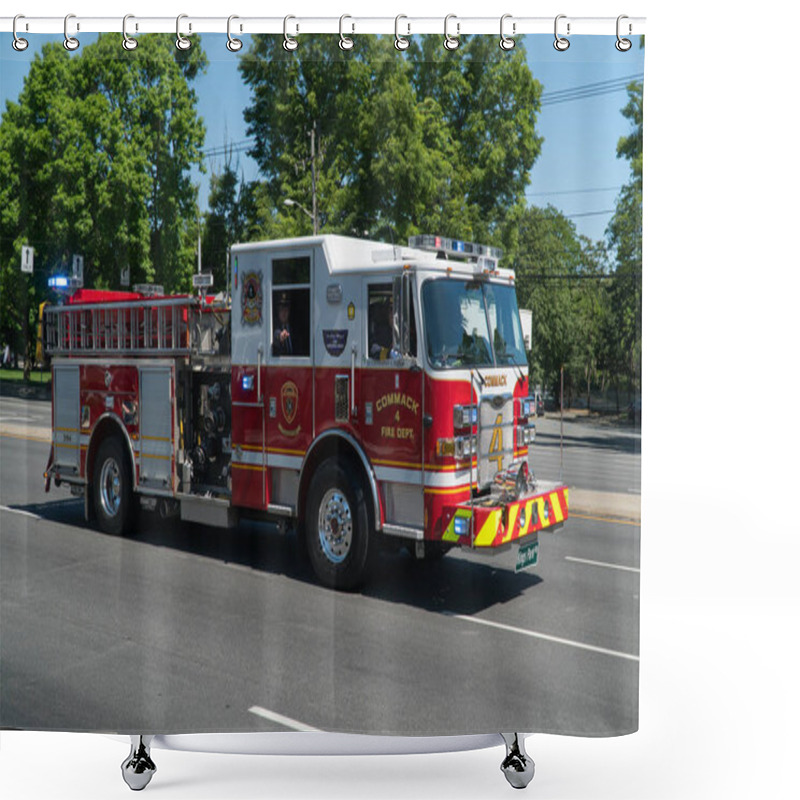 Personality  Long Island, NY - Circa 2019: Fire Truck Drives Down Street In Memorial Day Parade Celebration Event Honor Military Veterans And Local Hero. Emergency Response Vehicle Close Up Stock Photo Shower Curtains