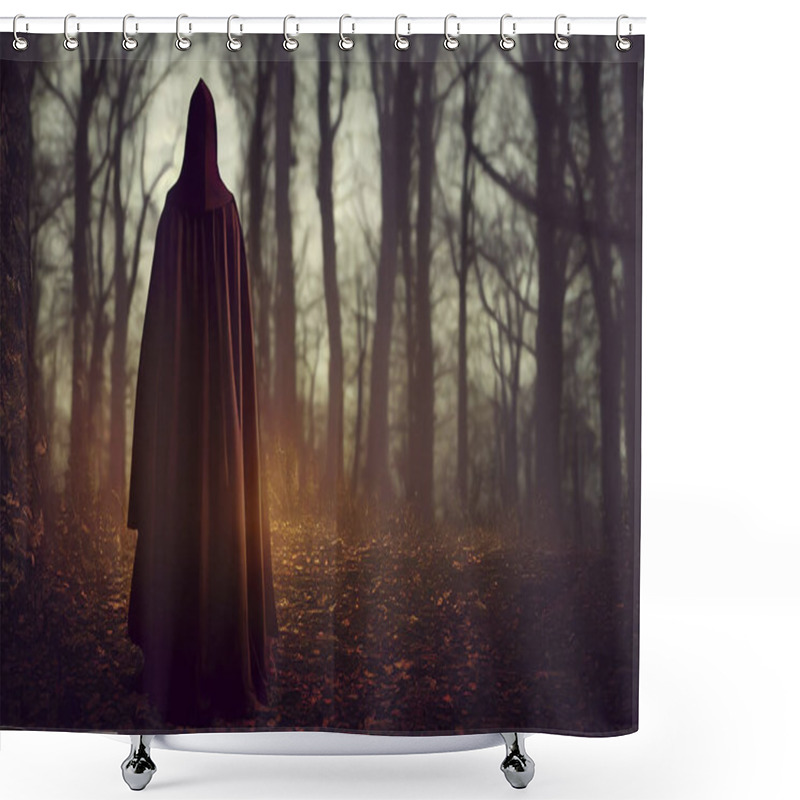 Personality  Scary Fantasy Witch Woman In A Black Dress And Cape With A Hood Walking Through A Dark Dense Deep Autumn Forest Orange, Halloween Theme Shower Curtains