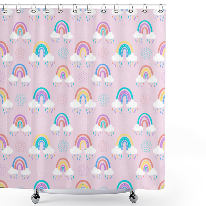 Personality  Rainbow With Clouds And Raindrops, Doodles And Circles In A Seamless Pattern. Shower Curtains