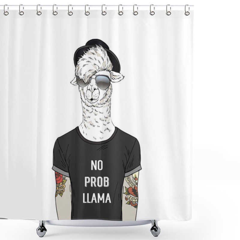 Personality  Llama Man Hipster With Tattoo Dressed Up In Cool T-shirt With Quote Shower Curtains