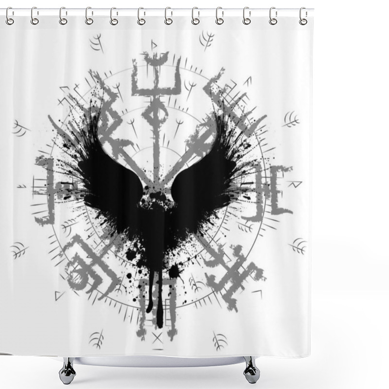 Personality  Black Grunge Raven Bird Silhouette With Ink Splash Isolated On White Background. Norse Viking Valhalla Vegvisir Rune Symbol Shower Curtains