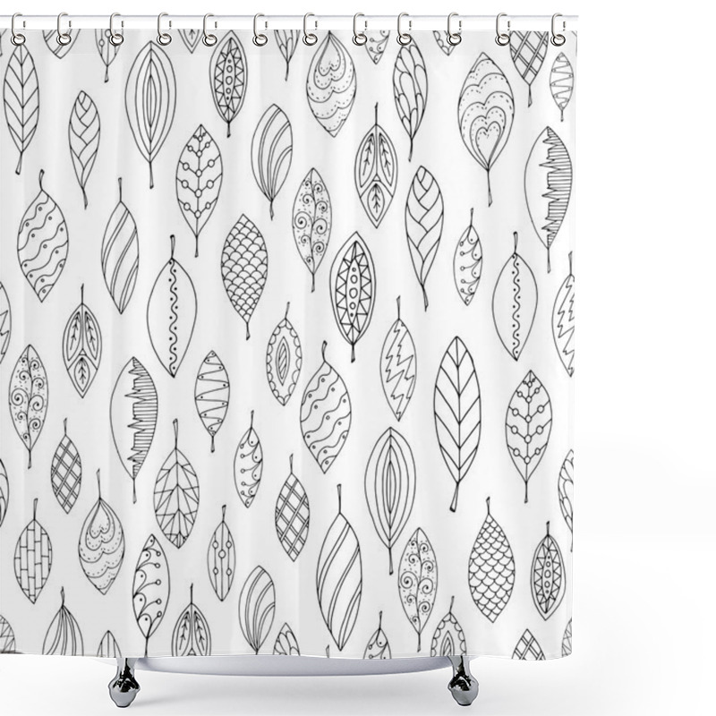 Personality  Autumn White And Black Seamless Stylized Leaf Pattern In Doodle Style. Seamless Decorative Template Texture With Leaves. Used Clipping Mask For Easy Editing. Shower Curtains