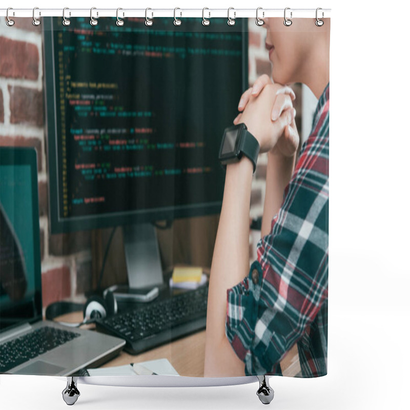 Personality  Closeup Photo Of Beauty Elegant Computer Engineer Shower Curtains