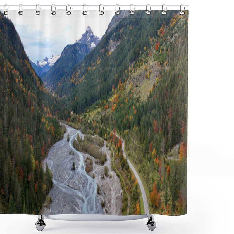 Personality  Drone Image Of Hornbach And The Hochvogel Mountain In The Lechtal Valley In Tyrol, Austria Shower Curtains