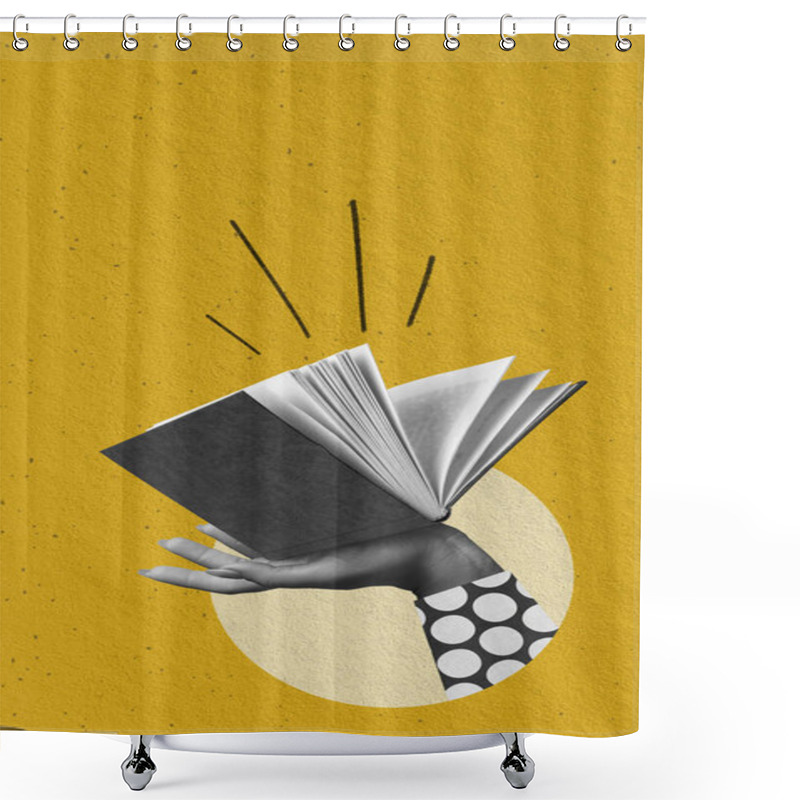 Personality  Contemporary Art Collage. Human Hand Holding Open Book Over Yellow Background. Educational Services Promotion. Concept Of Education, Reading, Knowledge. Publishing House Marketing. Book Club Shower Curtains