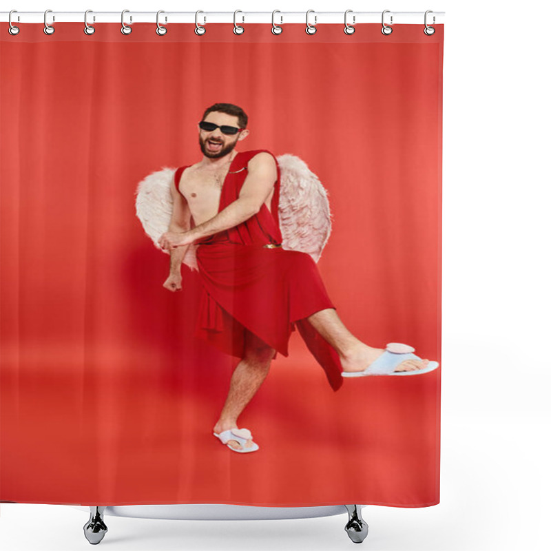 Personality  Full Length Of Overjoyed Bearded Cupid Man Dancing On Red, St Valentines Day Costume Party Shower Curtains